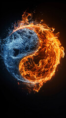 Yin and Yang symbol half blazing with fire and half frozen with ice