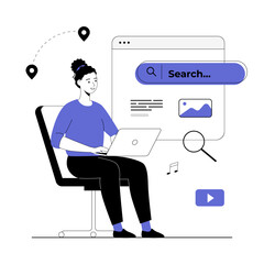 Web search, SEO, Internet marketing concept. Woman browsing query online, looking for information in bar, surfing network. Vector illustration with line people for web design.