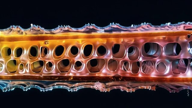 A crosssection view of a shape memory polymer bar displaying its layers and the intricate lattice structure within. Small flecks of magnetic particles can be seen embedded