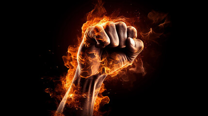 Powerfull fist fast with fire on black background - obrazy, fototapety, plakaty