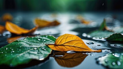 leaves with water drop, leaves in the rain, leaves background close up