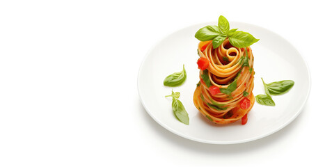 Twisted fettuccine pasta with tomatoes and basil on a white plate.