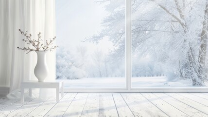 A delicate vase sits on a white wooden table, decorating a tall white window. The snowy landscape outside the window creates an atmosphere of calm and comfort. - obrazy, fototapety, plakaty