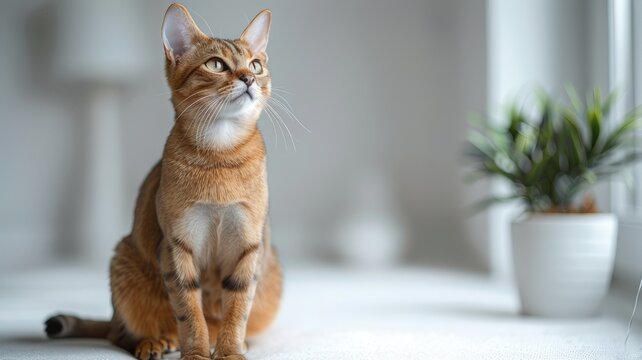 The portrait shows an Abyssinian cat sitting calmly and looking forward. Her eyes are mesmerizing and expressive. The background in the image is light.