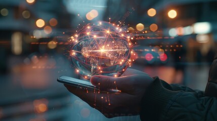 Global Connectivity Embracing the World Through Digital Technology Smartphone and Hands with 3D Global Network