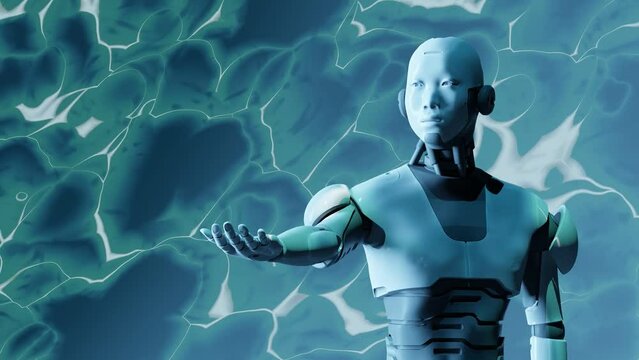 robot cyborg humanoid prototype showing its open hand empty palm with liquid texture background in 3d rendering animation 