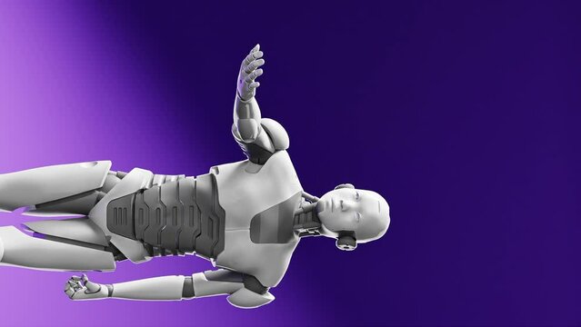 vertical of humanoid prototype moving arm and showing palm hand empty space for adding object , blue sky  background, artificial intelligence futuristic task scenario 3d rendering animation
