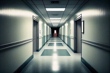 The hospital corridor stretching into the distance. Medical background. 