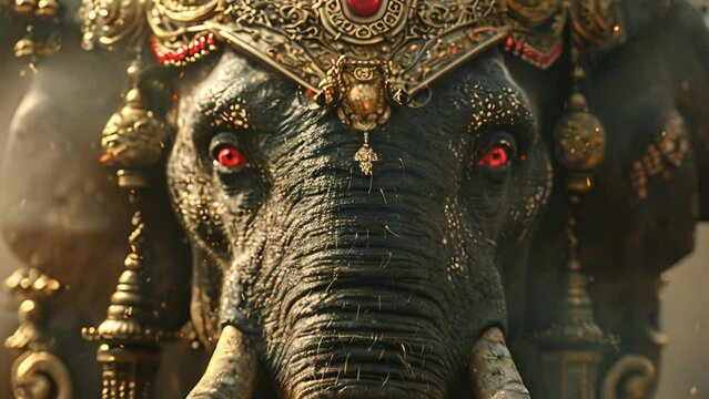 A massive and fearsome elephant its impressive size made all the more intimidating by its fierce red eyes and ornate headdress.