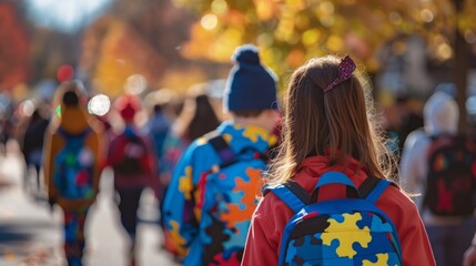 Advocacy Groups: Photograph of individuals participating in an autism awareness walk or event organized by advocacy groups, emphasizing community support and solidarity.