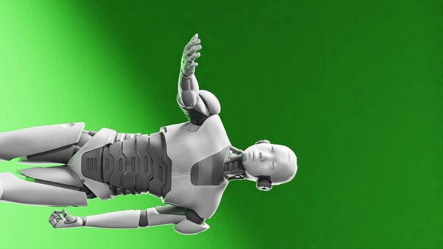 humanoid prototype moving arm and showing palm hand empty space for adding object ,green nature background, artificial intelligence futuristic task scenario 3d rendering animation vertical