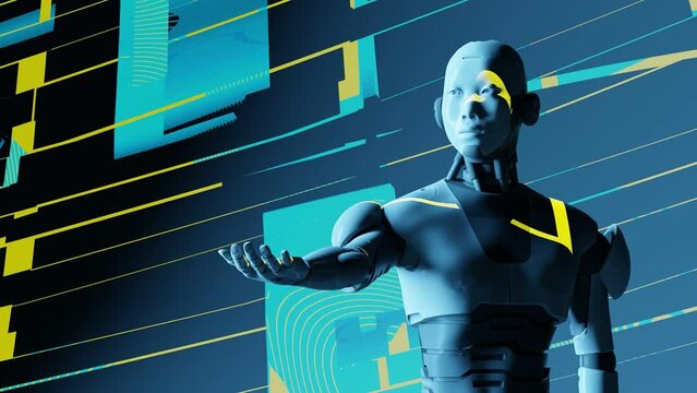 robot humanoid showing its empty hand palm with technology coding background artificial intelligence taking over concept 