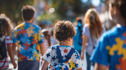 Advocacy Groups: Photograph of individuals participating in an autism awareness walk or event organized by advocacy groups, emphasizing community support and solidarity.