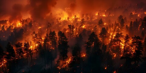 Multiple wildfires raging across different regions globally causing widespread destruction and chaos. Concept Wildfires, Global Destruction, Chaos, Emergency Response, Environmental Impact - obrazy, fototapety, plakaty