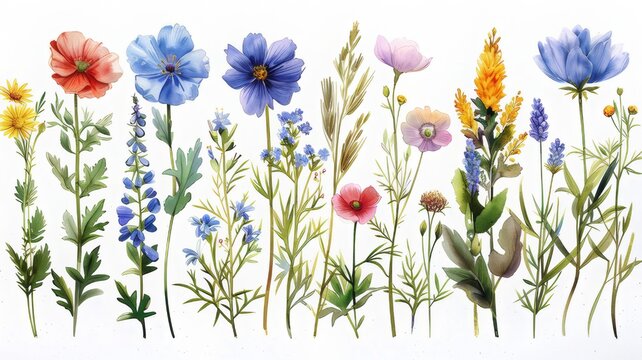 This vector illustration depicts a set of watercolor wildflowers, leaves and herbs. The illustrations are made in a vintage style, which adds a special charm and antique atmosphere to them. 