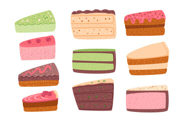 Cakes set. Sweet bakery piece. Pastry dessert with cream. Vector pie flat illustration isolated on white background