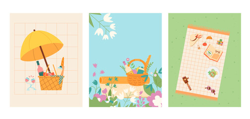 Picnic day in park banners template set. Spring and summer outing weekends rest elements background. Cookout summer food in air. Vector flat illustration