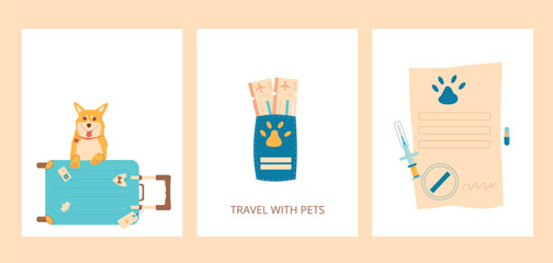 Travel with pets posters. Ticket, passport, dog and vaccination and microchip certification tourism domestic animals accessories cards. Vector illustration