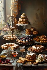 Fototapeta premium Oil painting of assorted pastry, full set with variety of bakery, For wall art, digital art, home decor , background and wallpaper