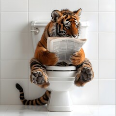  In the toilet room, an educated tiger sits on the toilet and carefully reads the newspaper. A thoughtful and concentrated look, a fixed gaze. Generative AI.

