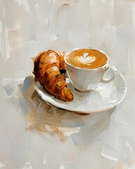 Simple Oil painting of croissant with coffee cup next to it, food painting , For wall art, digital art, home decor , background and wallpaper