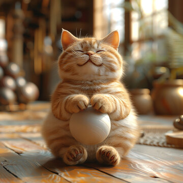 A charming 3D visual of a fat cat doing stretching exercises with a fitness ball, in a bright and inviting gym setting, promoting active living.
