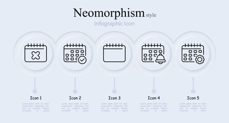 Calendar line icon set. Organizer, reminder, cross, diary, memorable date, day off, favorites, star, pencil. Neomorphism style. Vector line icon for Business