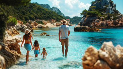 A happy family enjoys summer fun in Southern Italy. - obrazy, fototapety, plakaty