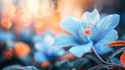 A delicate blue flower with blue petals and orange stamens - obrazy, fototapety, plakaty