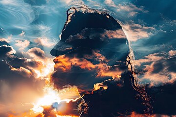 Silhouette of Jesus Christ and cloudy sky, double exposure with generative ai - obrazy, fototapety, plakaty