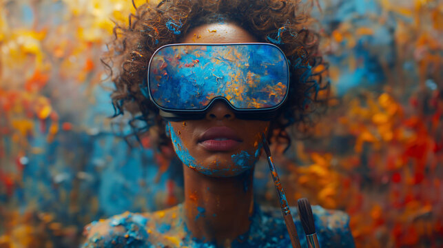 Woman painter using vr headset while painting