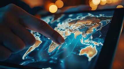Global Connectivity Engaging User with Interactive World Map on Tablet Sales and Marketing Visualization Stock Image