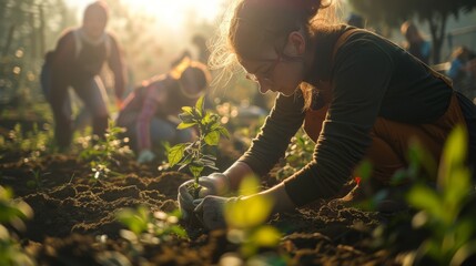 Volunteers plant trees together in a nature campaign