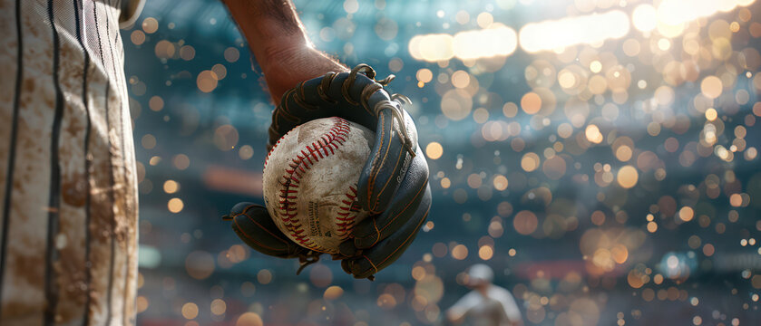 A baseball player with his back to the camera, holding the ball with a bokeh ballpark in the background.