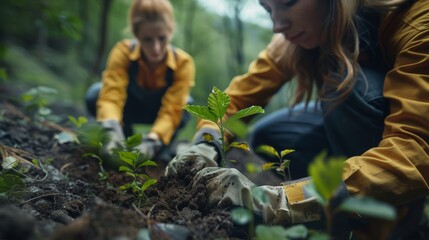 Volunteers plant trees together in a nature campaign - obrazy, fototapety, plakaty