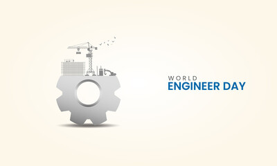 World engineers day, Gear Icons with building, city, town, engineers helmet, Design for social media banner, poster 3D Illustration.