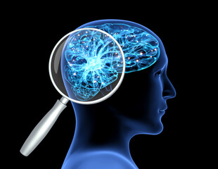 Power Of Mind, psychology and mental health concept. Magnifying glass and human head with a luminous brain network, electrical activity, flashes and lightning. Isolated on black background. 3d render
