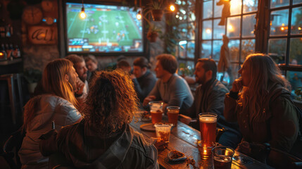 A group of friends get together to watch the rugby six nations at the pub.