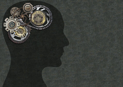Horizontal steampunk style background with shape of a human's head and brain made of gears. Man profile and vintage gears. Power Of Mind, psychology, mental health concept. Copy space for text
