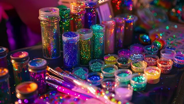 A table filled with various types of glitter and body paint an essential part of preparing for the lively street parties and parades that take place during Carnival.