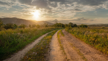 Sunset Road Through Rural Fields