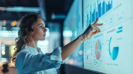 Office Conference Room Meeting, Successful Female Executive Director Presents, e-Commerce Fintech Growth Statistics to a Group of Investors. Whiteboard with Big Data Analysis