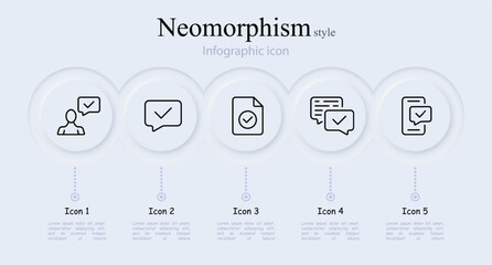 Verification line icon set. Checkmark, smartphone, file, message, shield, verified user, monitor, image, video call. Neomorphism style. Vector line icon for Business