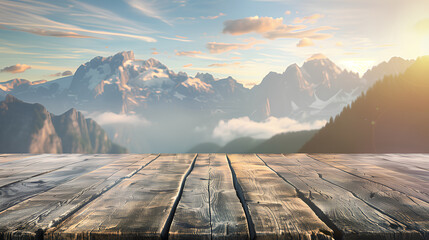 A wooden deck overlooking a mountain range with a clear blue sky. The view is serene and peaceful, with the sun shining brightly on the mountains. The wooden deck is a perfect spot to relax - obrazy, fototapety, plakaty