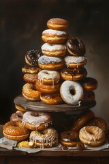 Oil painting a lot of donuts on stand tea tier, , For wall art, digital art, home decor ,...