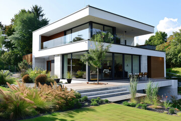 Fototapeta na wymiar a beautiful modern minimalist house with beautiful landscape and many plants