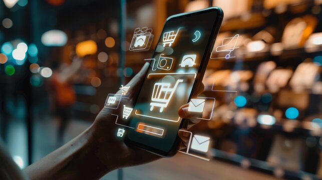 Digital Retail Revolution HandsOn Ecommerce Experience with Shopping Cart and Retail Icons on Smartphone Screen
