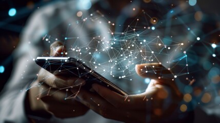 Smart Home Connectivity Hands Holding Phone with Digital Network Overlay