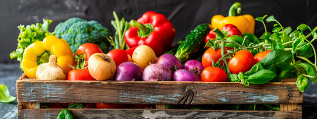 harvest of vegetables in a wooden box. Selective focus. - obrazy, fototapety, plakaty