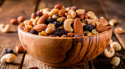 nuts and dried fruits in a bowl. Selective focus. - obrazy, fototapety, plakaty